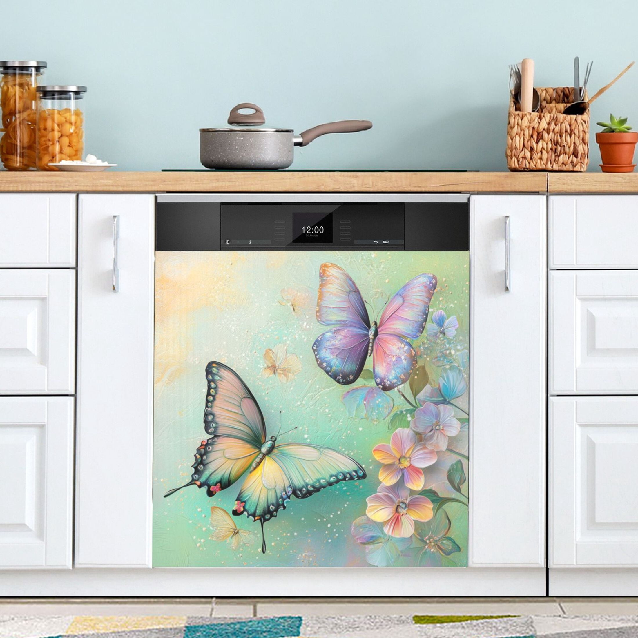 Dishwasher Magnetic Sticker 23x26 Inch Refrigerator Magnetic Sticker Washing Machine Magnetic Sticker Kitchen Panel Magnetic Sticker Home Decor Light Green Flower Butterfly