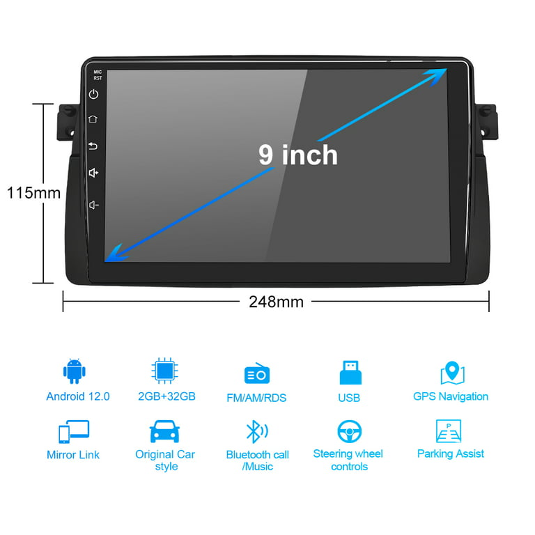 7 inch Android 12.0 GPS Navigation Radio for 1998-2006 BMW 3 Series E46 M3  with HD Touchscreen Carplay Bluetooth WIFI USB support OBD2 SWC Steering
