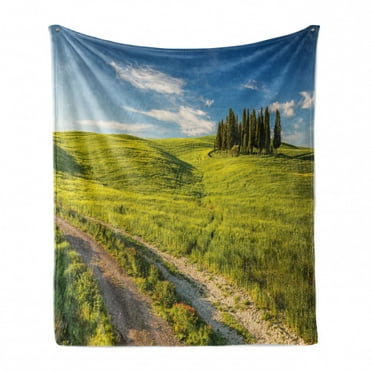 Tuscany Soft Flannel Fleece Throw Blanket, Tuscany Italy Getaway Dreamland Cultivated Land Wildflowers Springtime, Cozy Plush for Indoor and Outdoor Use, 50" x 60", Sky Blue Fern Green, by Ambesonne