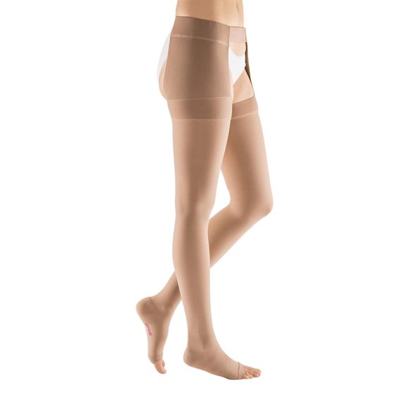 Medi Plus Open Toe Thigh Highs w/Waist Attachment Left Leg - 40-50 mmHg Beige II Reg 406-II-BEIGE
