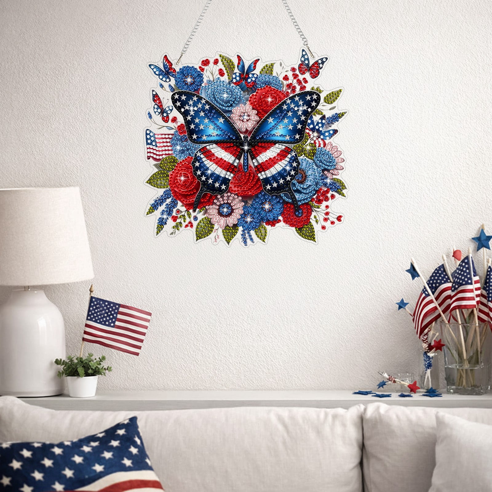 FLOPESN  DIY Diamond Art Kits, American Independence Day USA Butterfly Style, 8.27*8.27in Diamond Painting Pendant, Creative Design Wall Decor