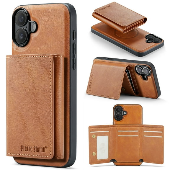 PU Leather Wallet Case for iPhone 16, Tri-Fold Detachable Magnetic Card Bag, RFID Blocking Kickstand Magnetic Closure Classic Business Drop Protection Cover for iPhone 16, Brown