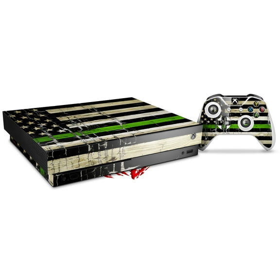 Skin Wrap for XBOX One X Console and Controller Painted Faded and Cracked Green Line USA American Flag