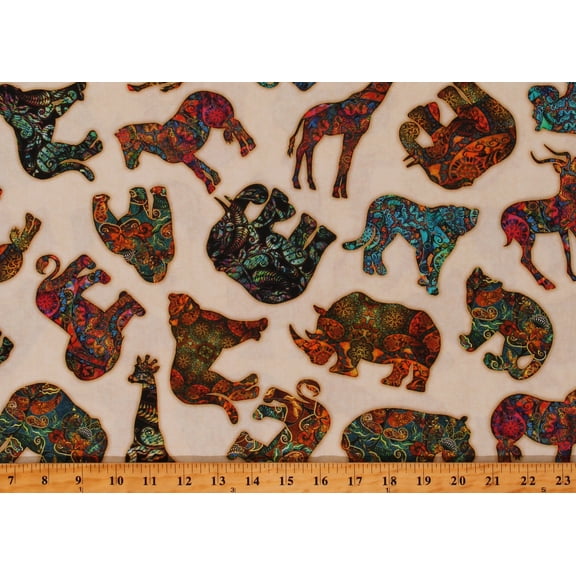 Cotton Serengeti Safari African Elephants Animals Boho Cream Cotton Fabric Print by the Yard (1649-27764-E)
