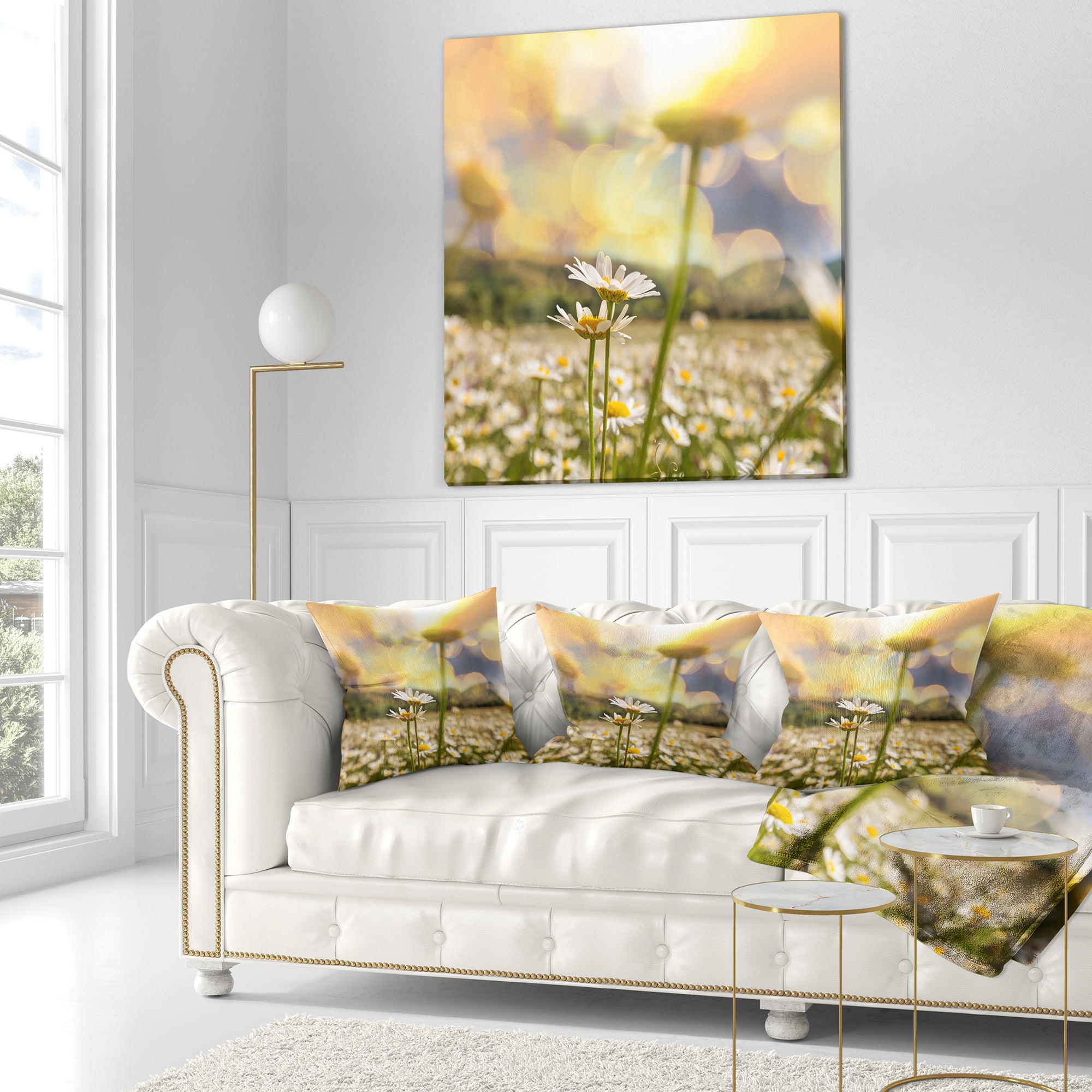 Designart Blooming Chamomiles Flowers - Landscape Printed Throw Pillow - 16x16