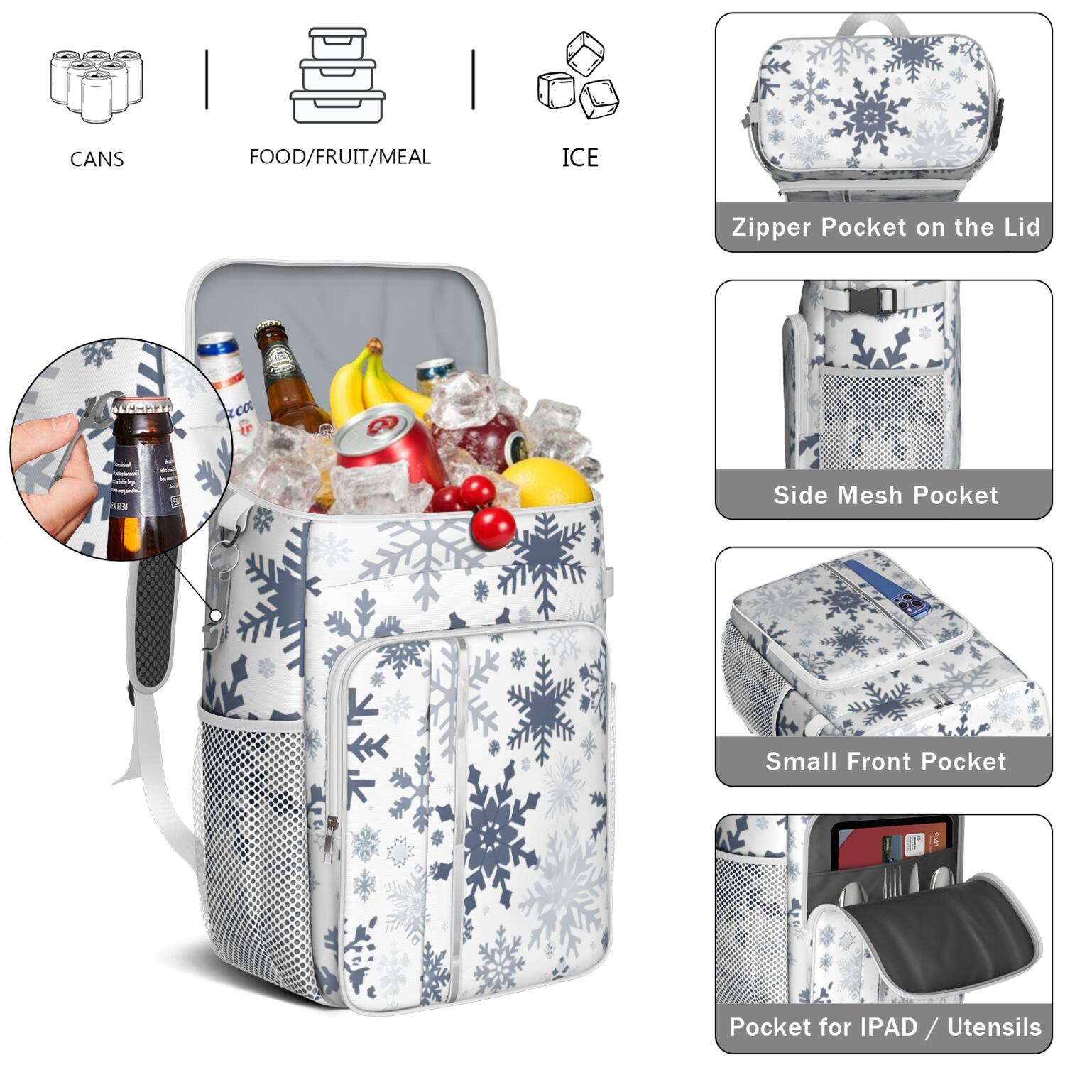 Travel Cooler Bag - Blue Christmas Snowflake Pattern Camping Beer Cooler Backpack with Bottle Opener- Waterproof Insulated Picnic Backpacks - Cooler Bag for Beach