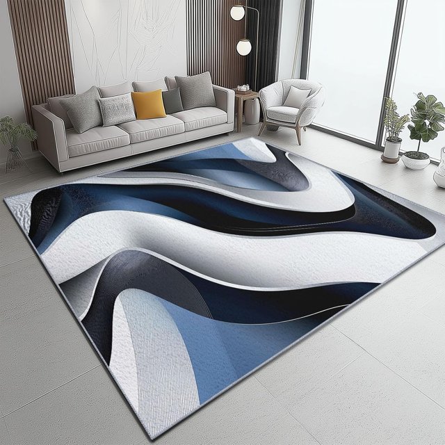 Washable Area Rug 2 X 3 ft, Lightweight Low-Pile Abstract Modern Wavy Printed Area Rug, Kitchen Indoor Non Slip Carpet Floral White Blue Print Mat Living Room Bedroom Dining Room