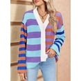 thumbnail image 5 of Womens Striped Cardigan Sweaters V Neck Open Front Button Up Color Block Fuzzy Loose Knit Coats Blue L, 5 of 8