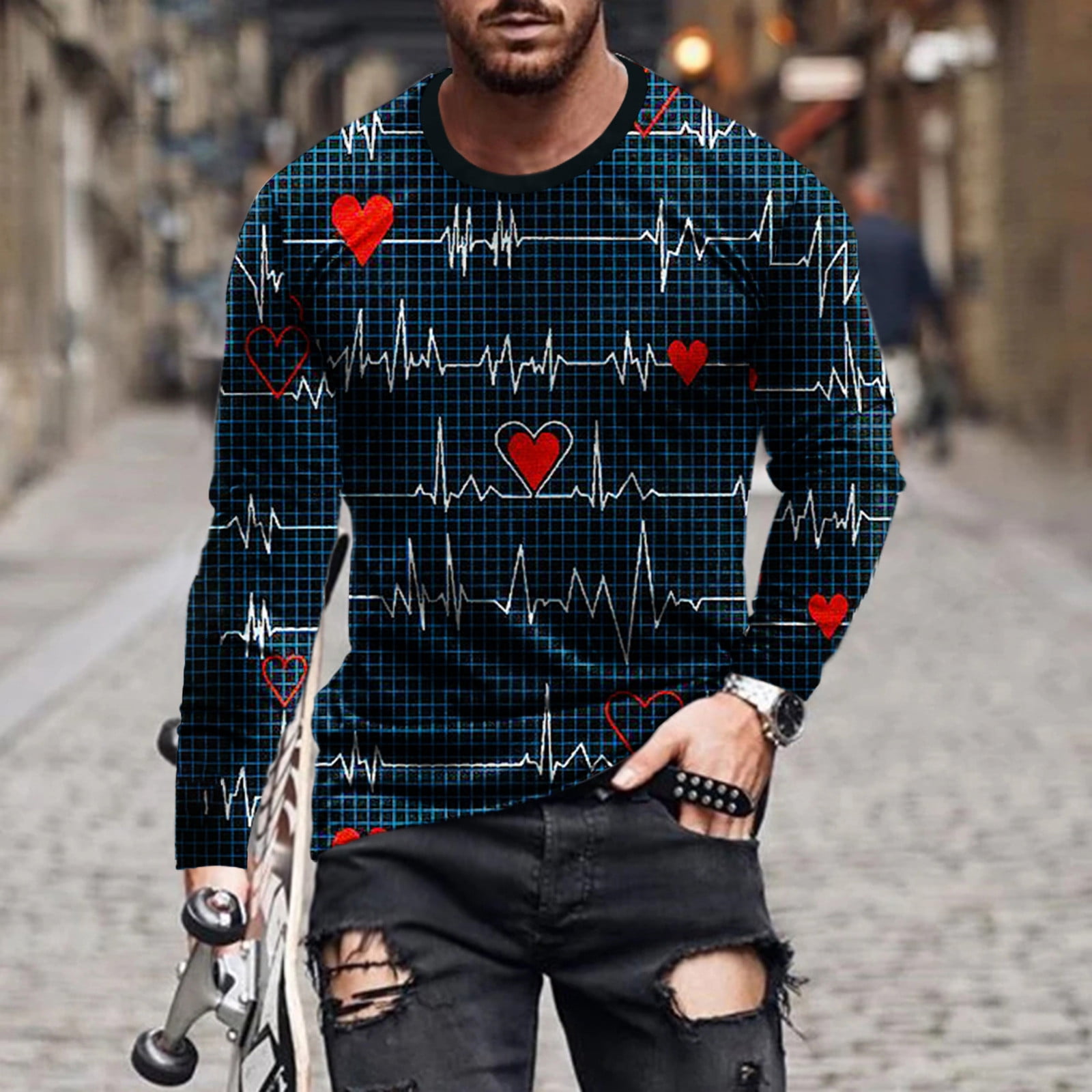 Yydgh 3D Shirt for Men Heart Graphic Print Long Sleeve Cool Funny Valentine's Day T Shirts for Mens Boys Trendy Streetwear Casual Stylish(7#Red,XL)