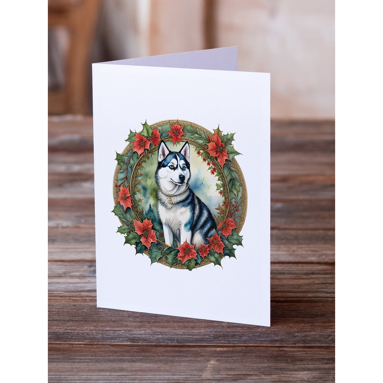 Siberian Husky Christmas Flowers Greeting Cards Pack of 8 7 in x 5 in
