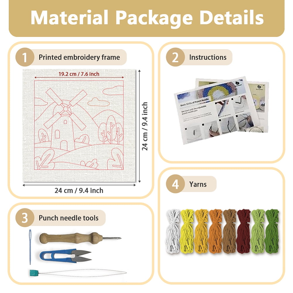 Polyester Cotton Punch Needle 4Folded Yarns Embroidery Kits Included Threader Cotton Thread Punch Needle Thread Clips 3.5MM Wooden Needle Windmill