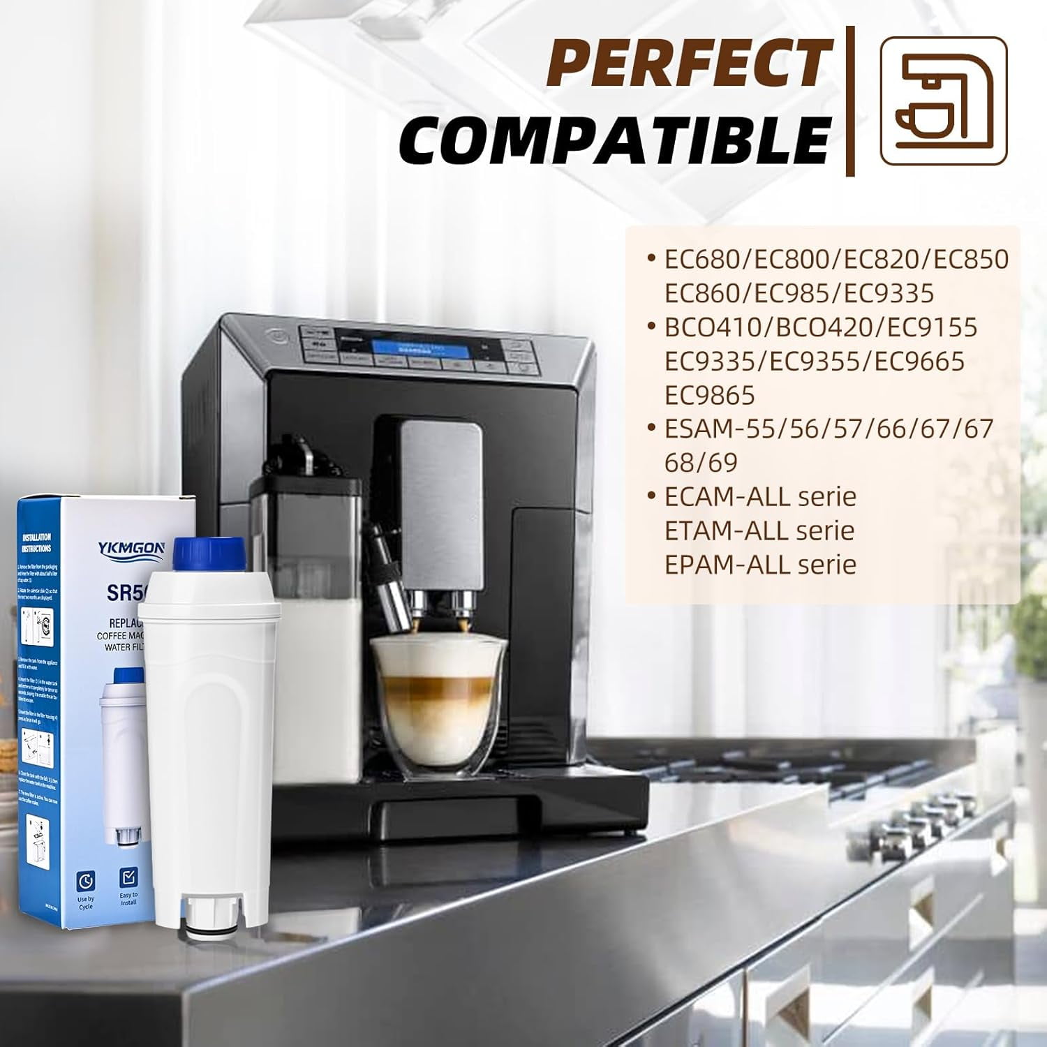 Coffee Machine Filters Replacement Delonghi Filter DLSC002, Activated Carbon Water Filter Cartridges, Compatible with DeLonghi ECAM ESAM ETAM BCO EC.（2 Pack）