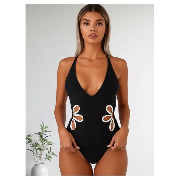 Black Halter Swimsuit for Women - Cutout Floral One Piece Bathing Suit, Stretchy Bodysuit, Elegant Swimwear for Summer, Beach, Pool, Vacation