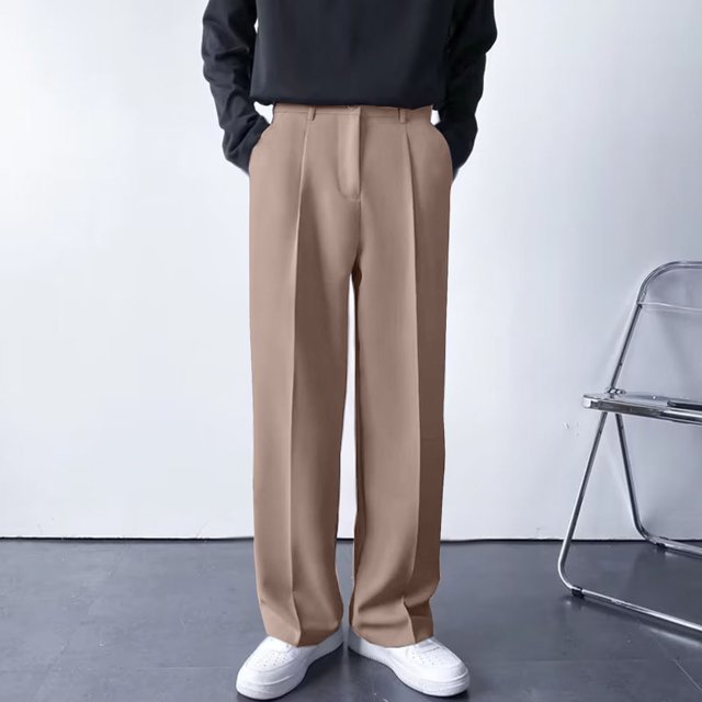 Puntoco Pantalones de traje casuales de pierna recta y ancha con botones y cremallera de color sólido para hombre