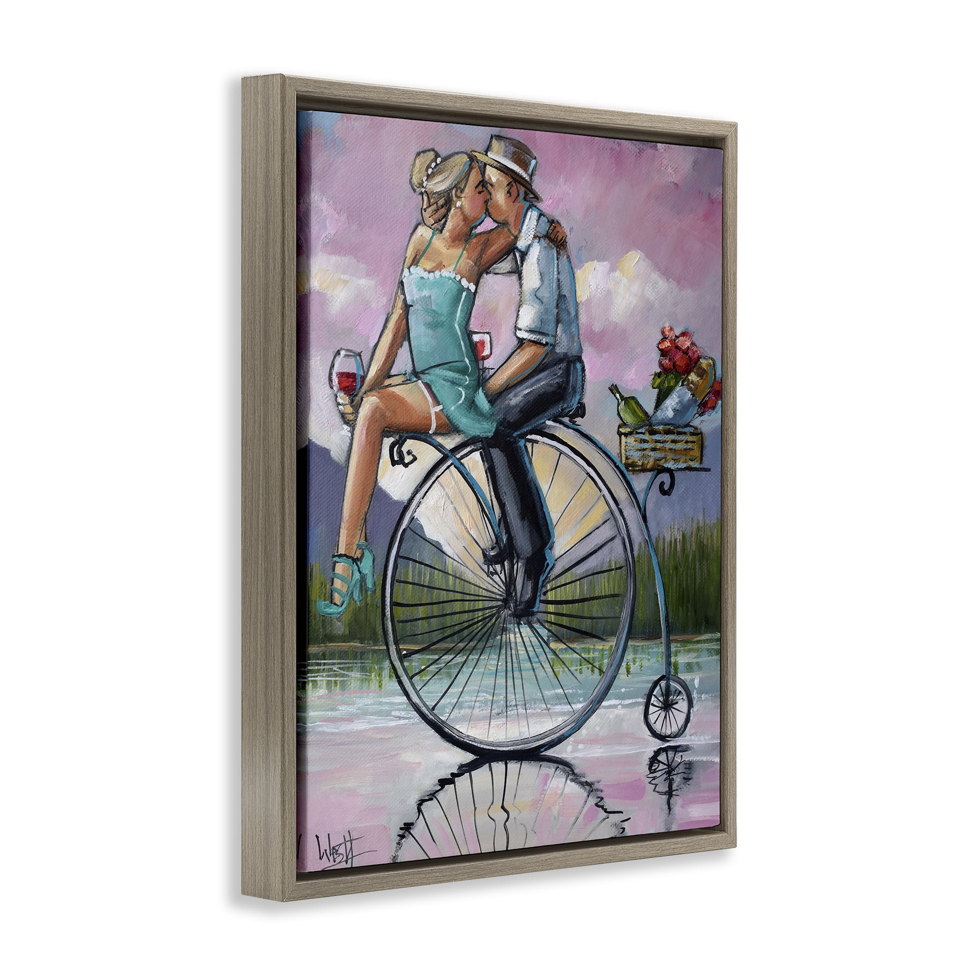 Stupell Industries Romantic Picnic on Bicycle Brown Framed Floater Canvas Wall Art, design by Ronald West