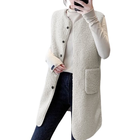 comerut Fall Winter Women Vest Coat Round Neck Loose Mid Length Sleeveless Single-breasted Pockets Cardigan Warm Thick Outwear Waistcoat
