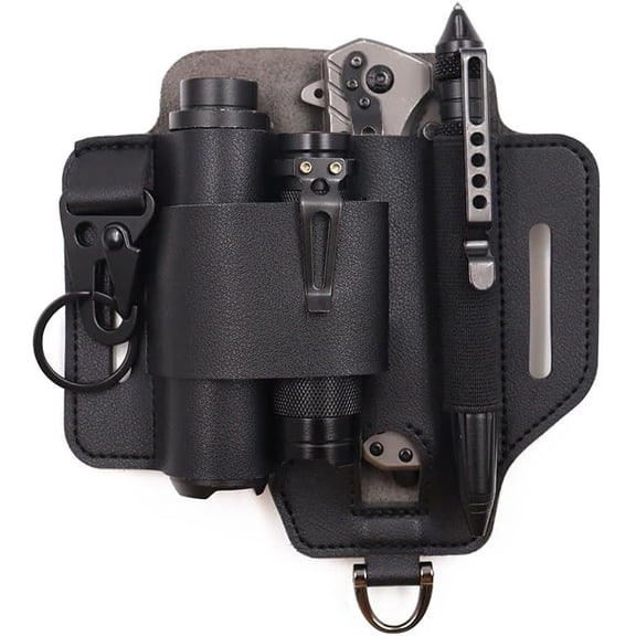 Premium Leather Multi-Tool Belt Holster & EDC Organizer - Compatible Sheath for Flashlight, Knife, Pen, Tactical Gear(Blcak)