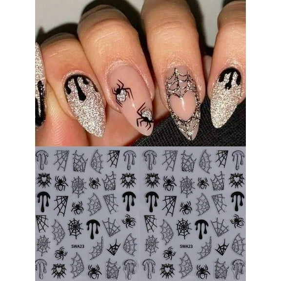 Black two-piece nail sticker set, cute Halloween nail stickers, nail art stickers, DIY self-adhesive stickers, Halloween nail decorations