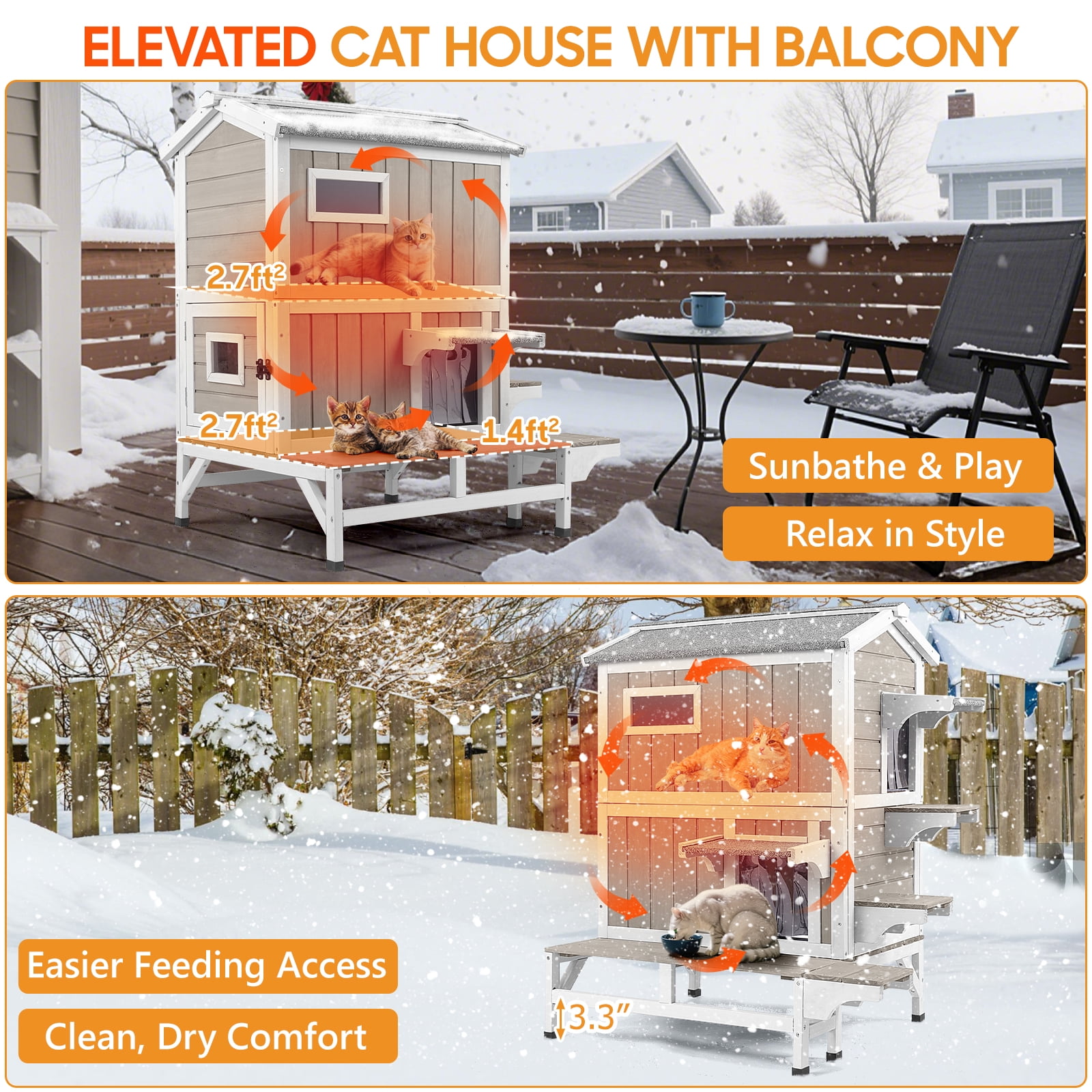 PETSCOSSET Insulated Outdoor Cat House Wooden Feral Cat Shelter with Balcony