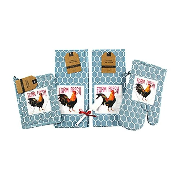 Country Rustic Roosters Kitchen Towels And Pot Holder Print On Flat Cotton Weave Blue Walmart Com Walmart Com