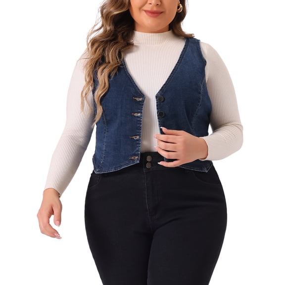 Agnes Orinda Women's Plus Size Denim Vest Sleeveless V Neck Button Down Casual Jean Waistcoat Jacket 1X Dark Blue