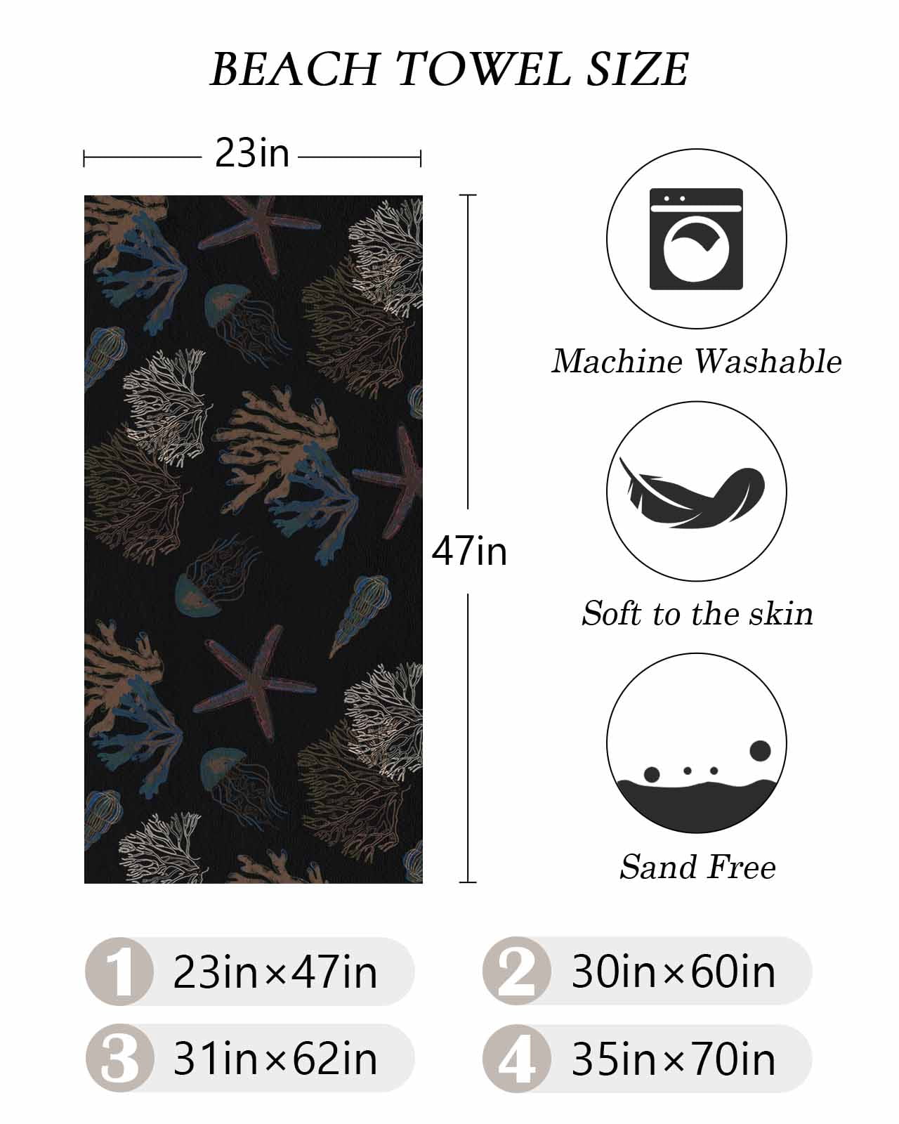 Black Coral Coastal Beach Towels Oversized Super Absorbent, Nautical Starfish Summer Beach Lightweight Bath Towel Quick Dry Sets For Bathroom/Pool/Rv Camping/Beach Play/Gym Room/Picnic 31"x62"