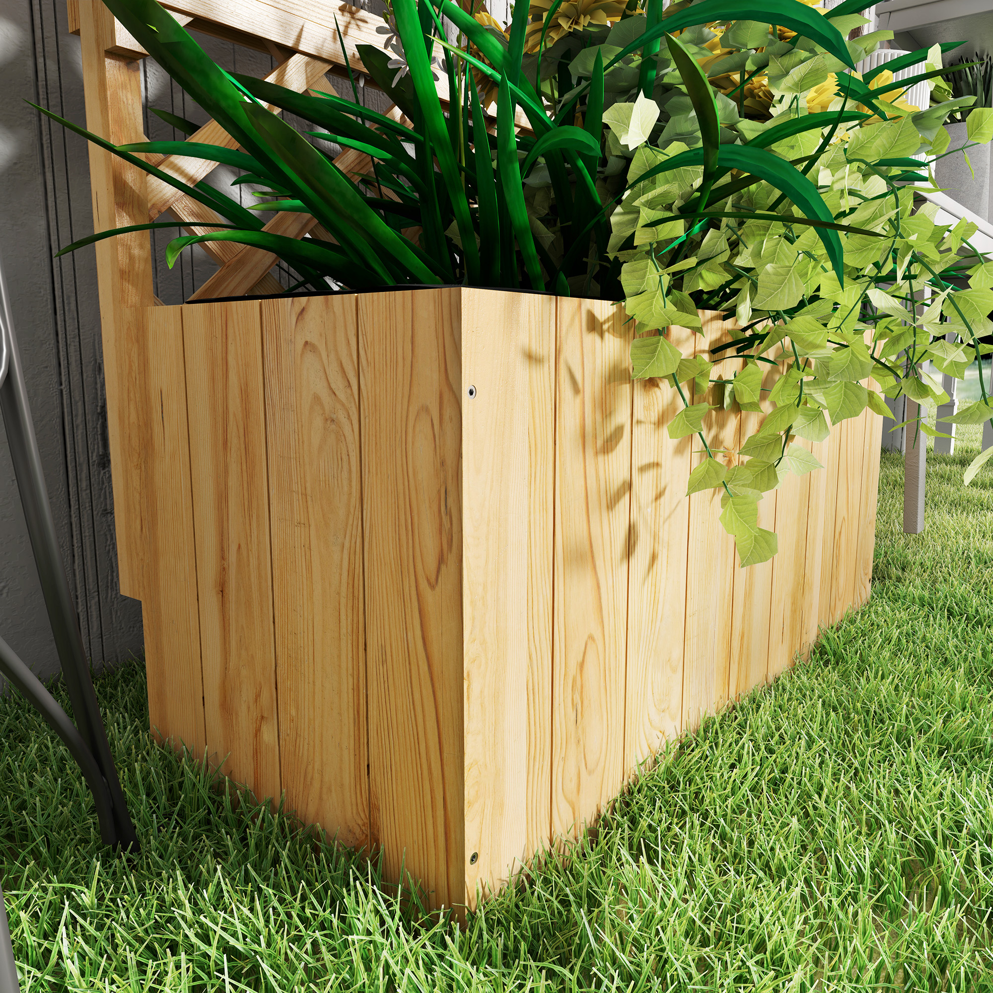 Outsunny Wooden Raised Garden Bed, Planter with Trellis, Hanging Roof, Plant Shelf, Drainage Holes and Bed Liner, Natural