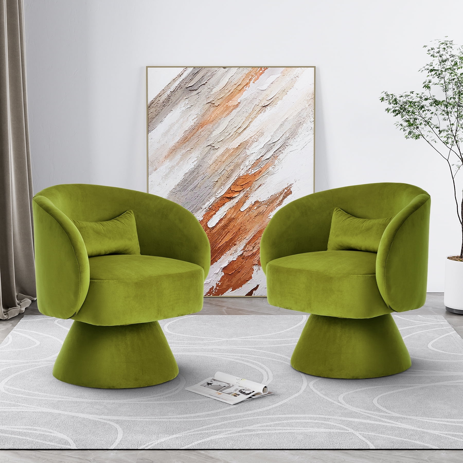 Wiilayok Swivel Accent Chair Set of 2,Comfy Velvet Upholstered 360° Barrel Chair,Modern Swivel Lounge Sofa Armchair for Living Room,Reading Bedroom,Office,Green