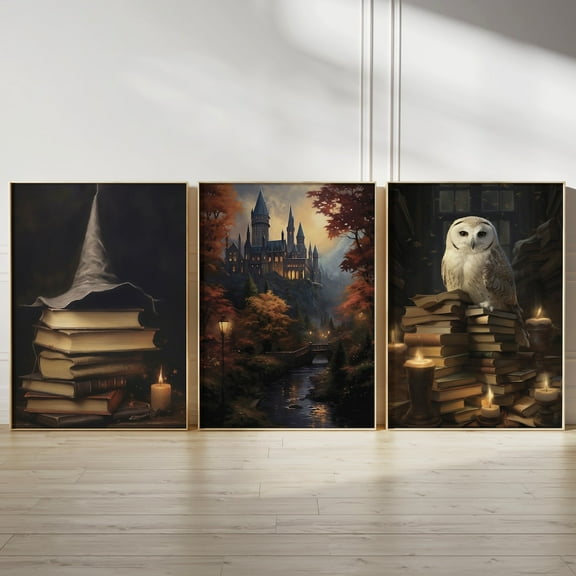 UNFFRAMED Luvia Wizard Poster Set of 3, Autumn Owl and Spell Book Wall Art, Magical Seasonal Decor Set 3 Prints 8x12