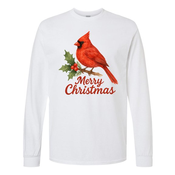 Inktastic Merry Christmas Cardinal with Holly Long Sleeve T-Shirt