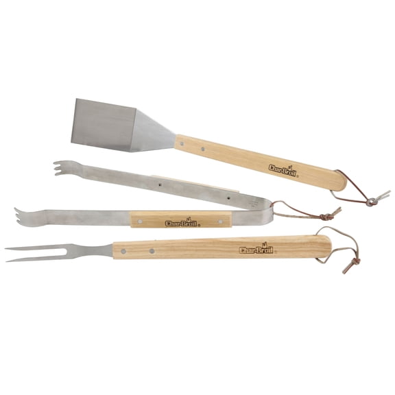 Charbroil 3-Piece Hardwood Grilling Tool Set, Stainless Steel - Fork, Spatula, & Tongs