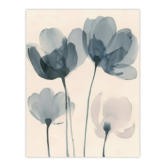 Soft Black White Light Watercolour Poppy Flowers Living Room Large Wall Art Poster Print Thick Paper 18X24 Inch