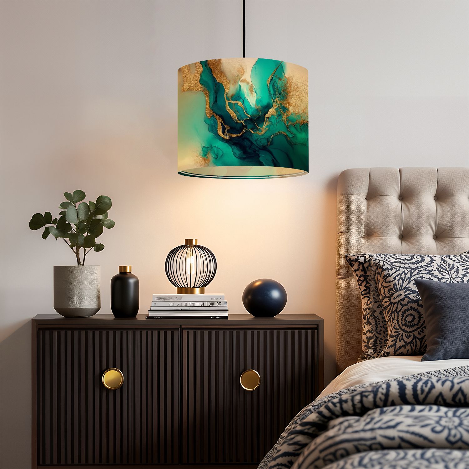 Linen Drum Lampshades Pastel cyan mint liquid marble watercolor gold lines brush stains Teal 13"x13"x10" Light Shade for Table Lamps Floor Lamp Shades Lampshade Replacement Assembly Required