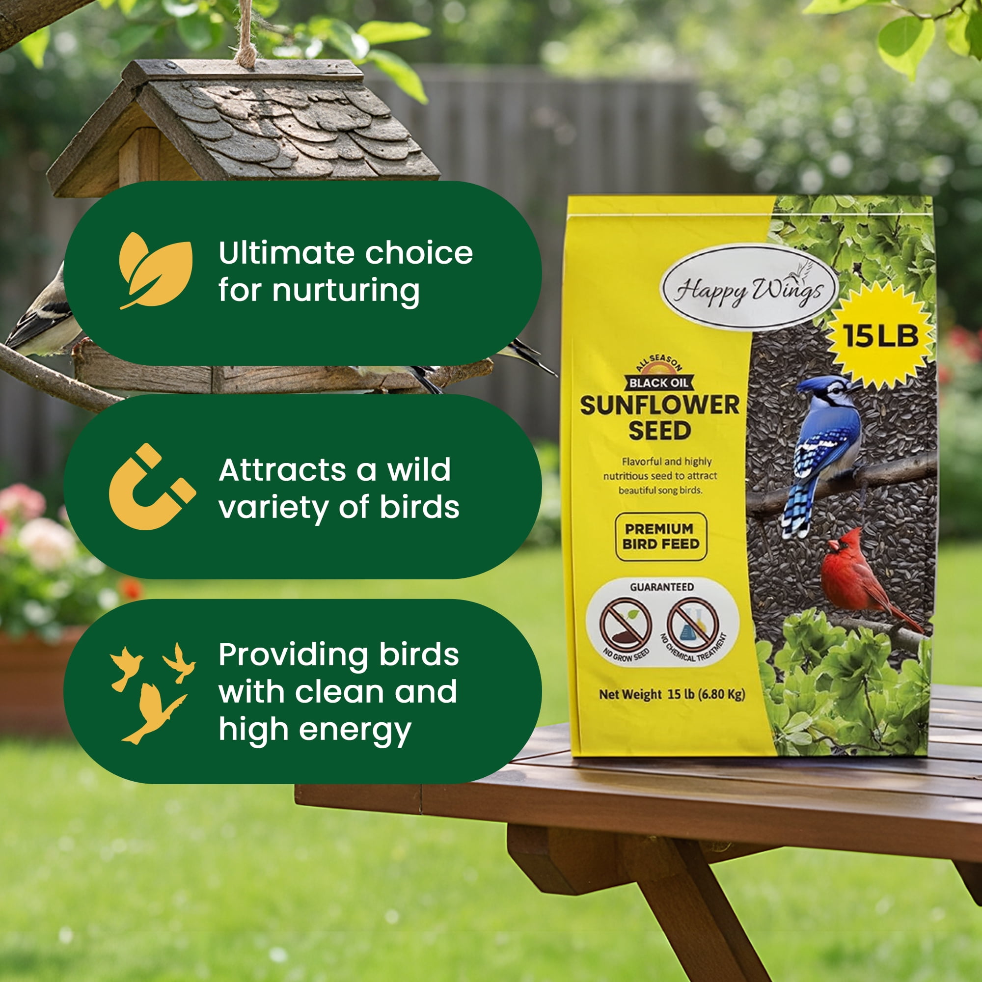 Happy Wings Black Oil Sunflower Bird Food, No Growth Seed, New 15 lb. Bag