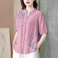 thumbnail image 2 of V Cuello Blusas para las Mujeres, de Moda Retro Bordado Cuello Redondo Cinco Cuartos de Manga para el Uso Casual, 2 of 5