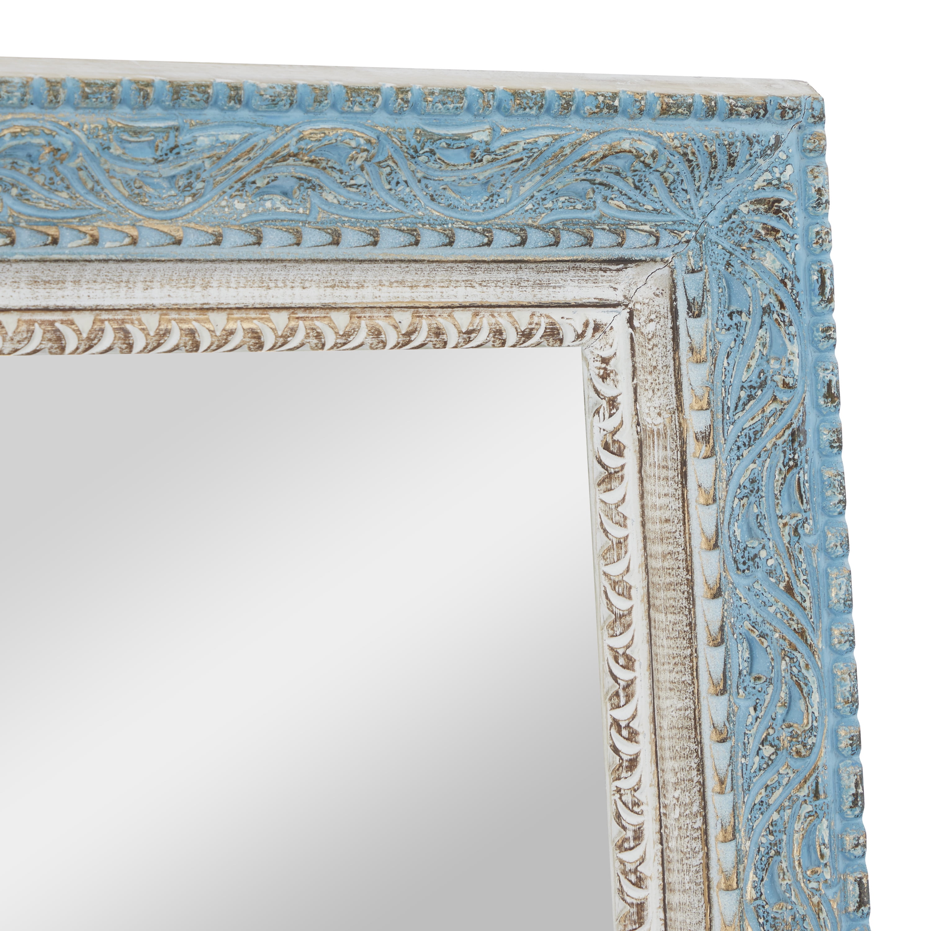 DecMode 32" x 60" Blue Carved Floral Wall Mirror