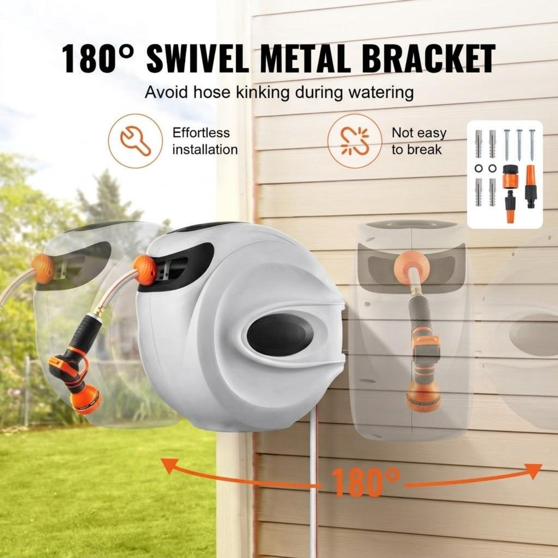 115ft x 1/2" Retractable Hose Reel, Wall-Mounted with 180° Swivel, Auto Rewind, Any-Length Lock & Slow Return, Includes 9-Pattern Nozzle