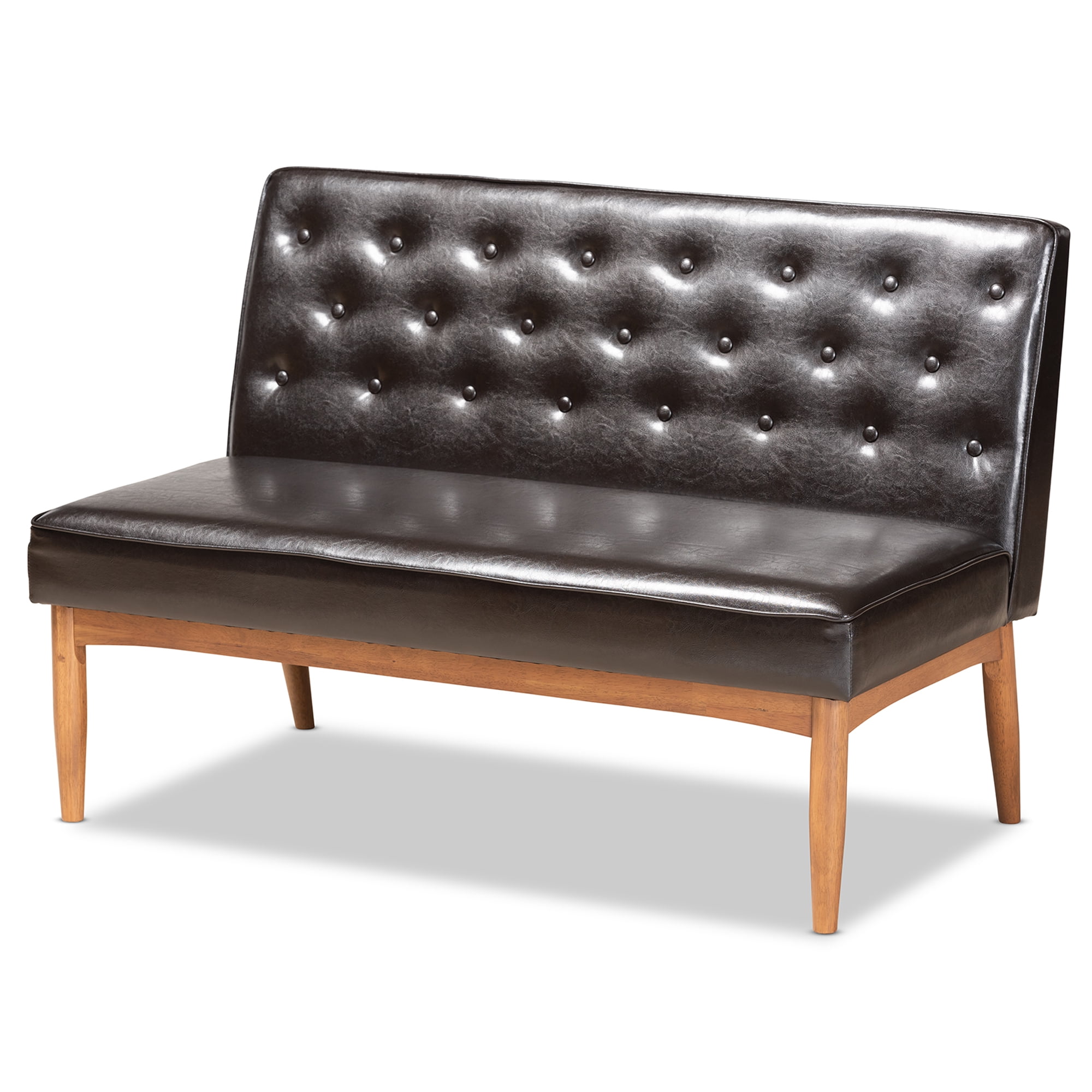 Baxton Studio Riordan Mid-Century Modern Dark Brown Faux Leather Upholstered and Walnut Brown Finished Wood 2-Piece Dining Nook Banquette Set