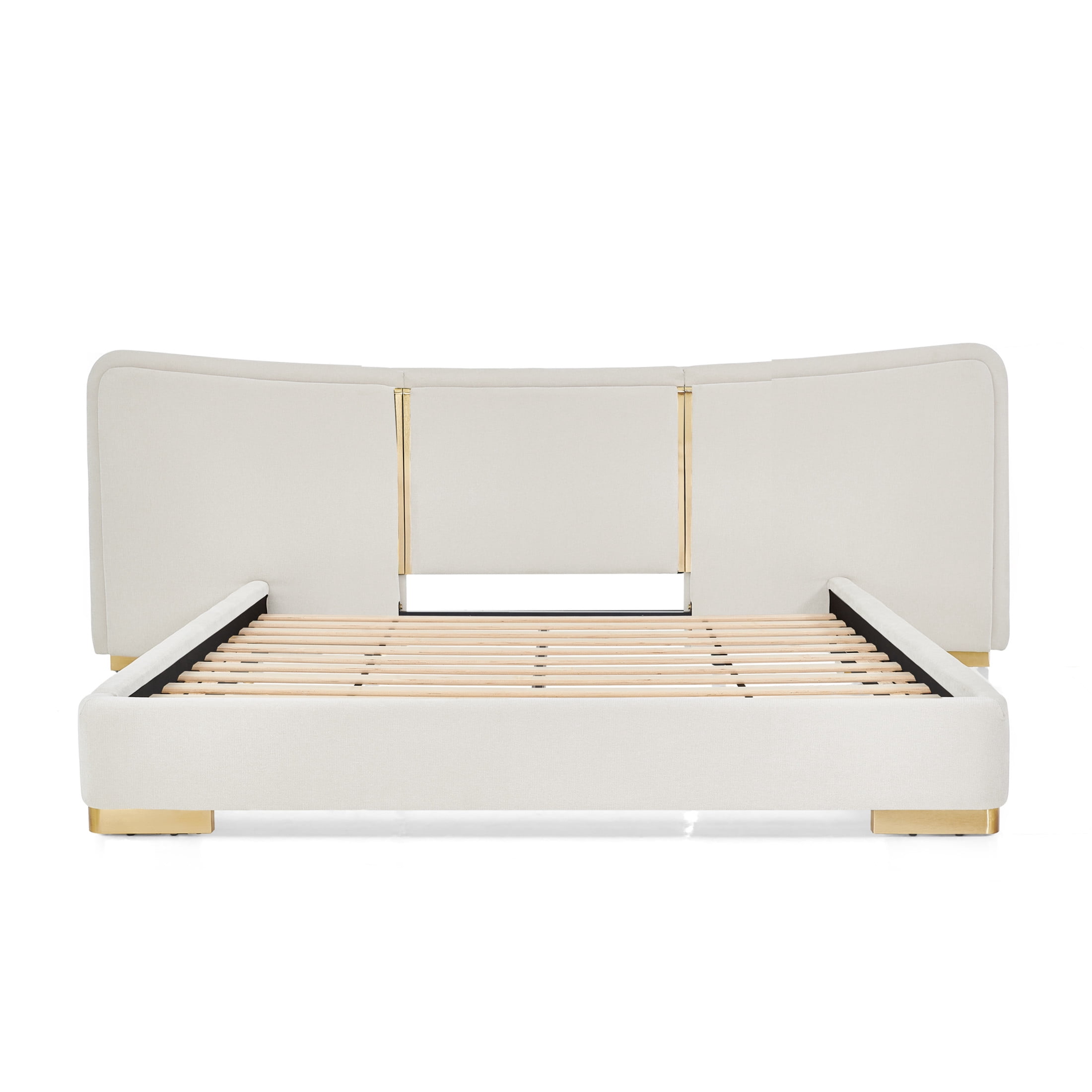 Noble House Zerra Queen Size Platform Bed, Chenille Upholstered Curved Headboard with Reinforced Metal Legs, Beige