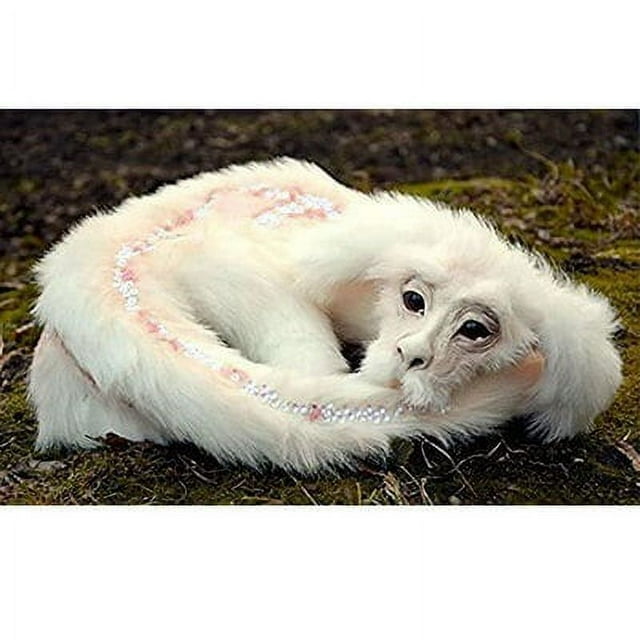un regalo lindo falkor el dragón de la suerte - juego de peluche para perro (30 cm) peluche de 30 cm en forma de dragón alargado, vista lateral centrada sobre césped; pelaje sintético blanco crema con tonos rosados y franja brillante en el lomo, textura mullida y suave, sin piezas pequeñas visibles, adecuado como juguete infantil, decoración o pieza de colección.