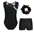 thumbnail image 2 of TiaoBug Kids Girls Sleeveless Gymnastics Leotards Dance Ballet Unitard with Shorts Hair Band Set Cyan&Black 12, 2 of 5