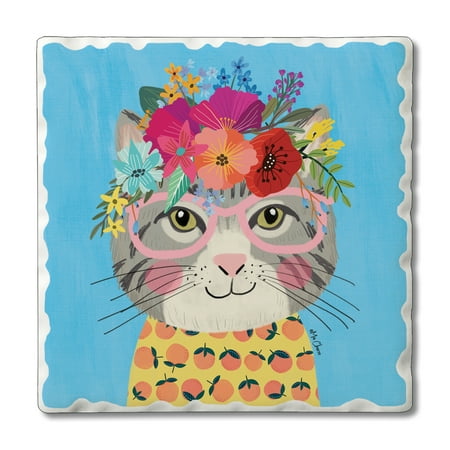 

Absorbent Stone Tumbled Tile Coasters Floral Pets- Tabby Set of 4