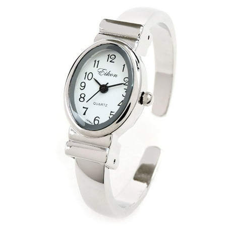 Silver Small Size Oval Face Metal Band Women's Bangle Cuff Watch