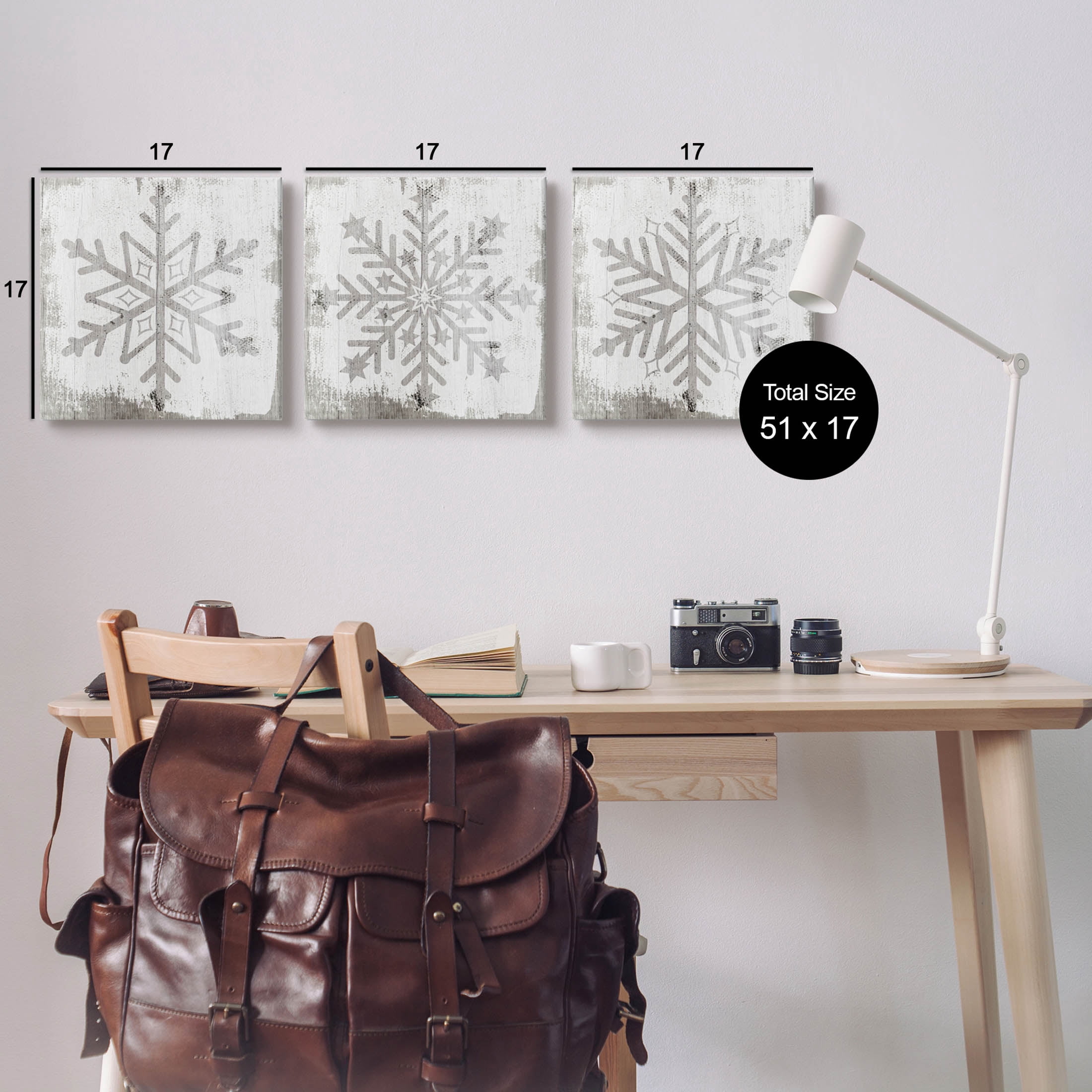 Seasonal Winter Snowflake Snow Shapes Holiday Graphic Art Gallery Wrapped Canvas Print Wall Art, Set of 3