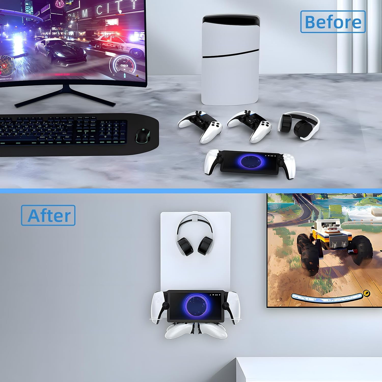 Wall Mount Kit Compatible with PS 5/ PS 5 Slim All Models with Holders for Controller&Headset Storage, Wall Mount Stand for PS Portal Remote Player,White