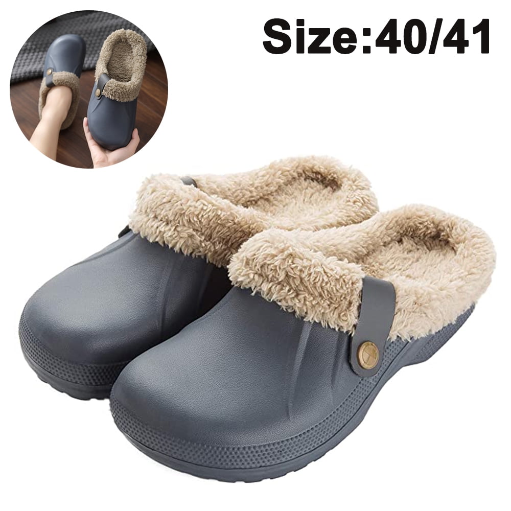 Toimothcn Waterproof Slippers Women Men Fur Lined Clogs Garden Shoes Warm House Slippers Outdoor Mules 