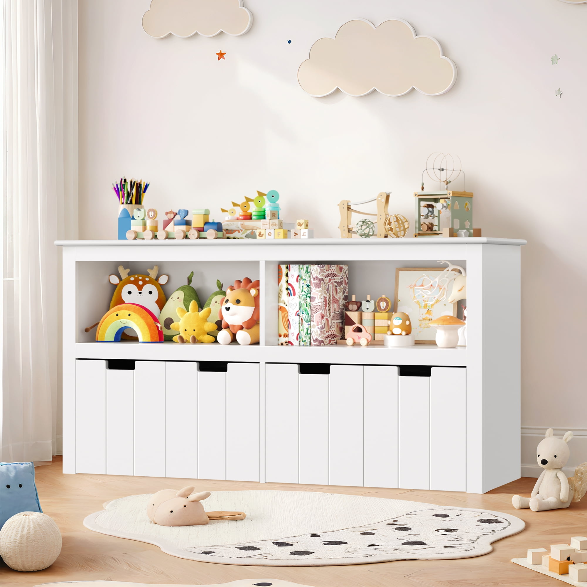 Homfa Kids Toy Storage with 4 Drawers, Cubes Storage Bin with Shelves and Wheels for Kids Living Room, White