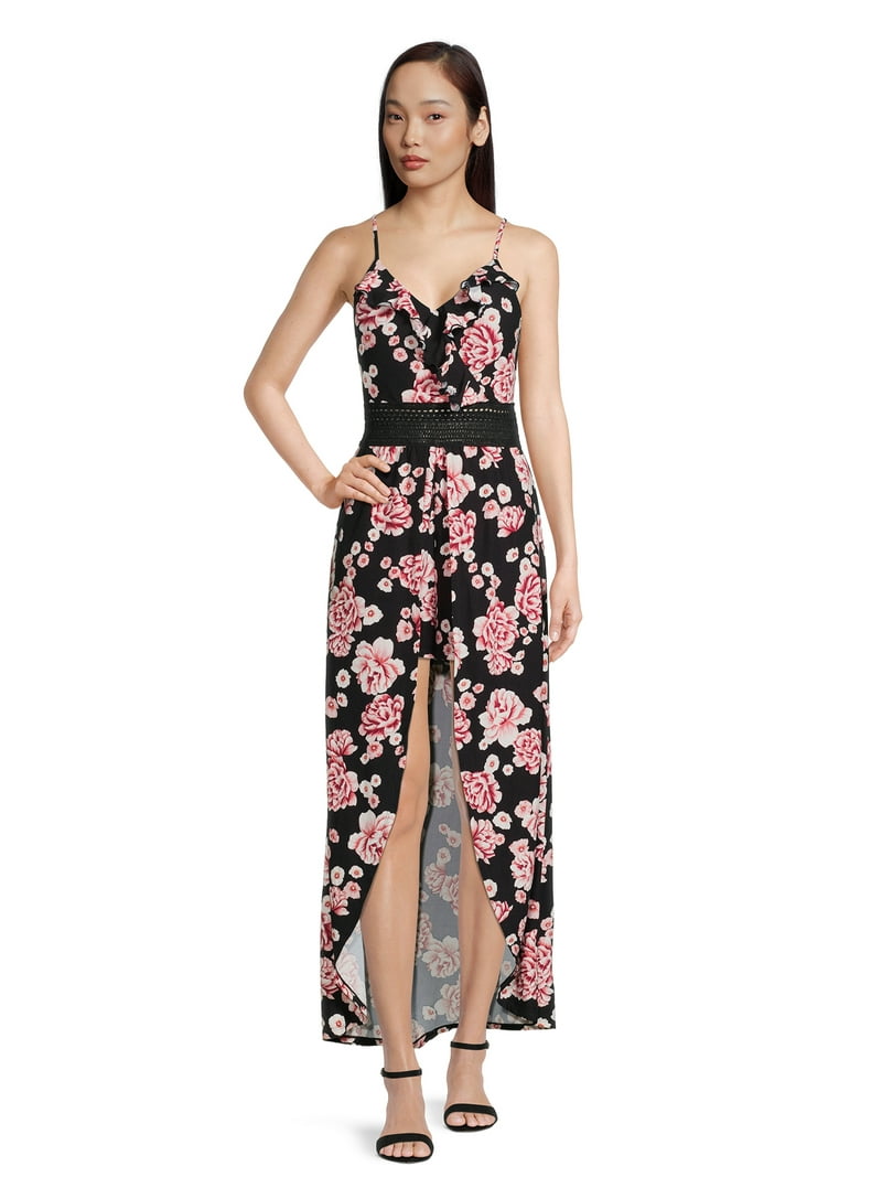 No Boundaries Juniors Ruffle Walk Through Maxi Romper, Sizes XS