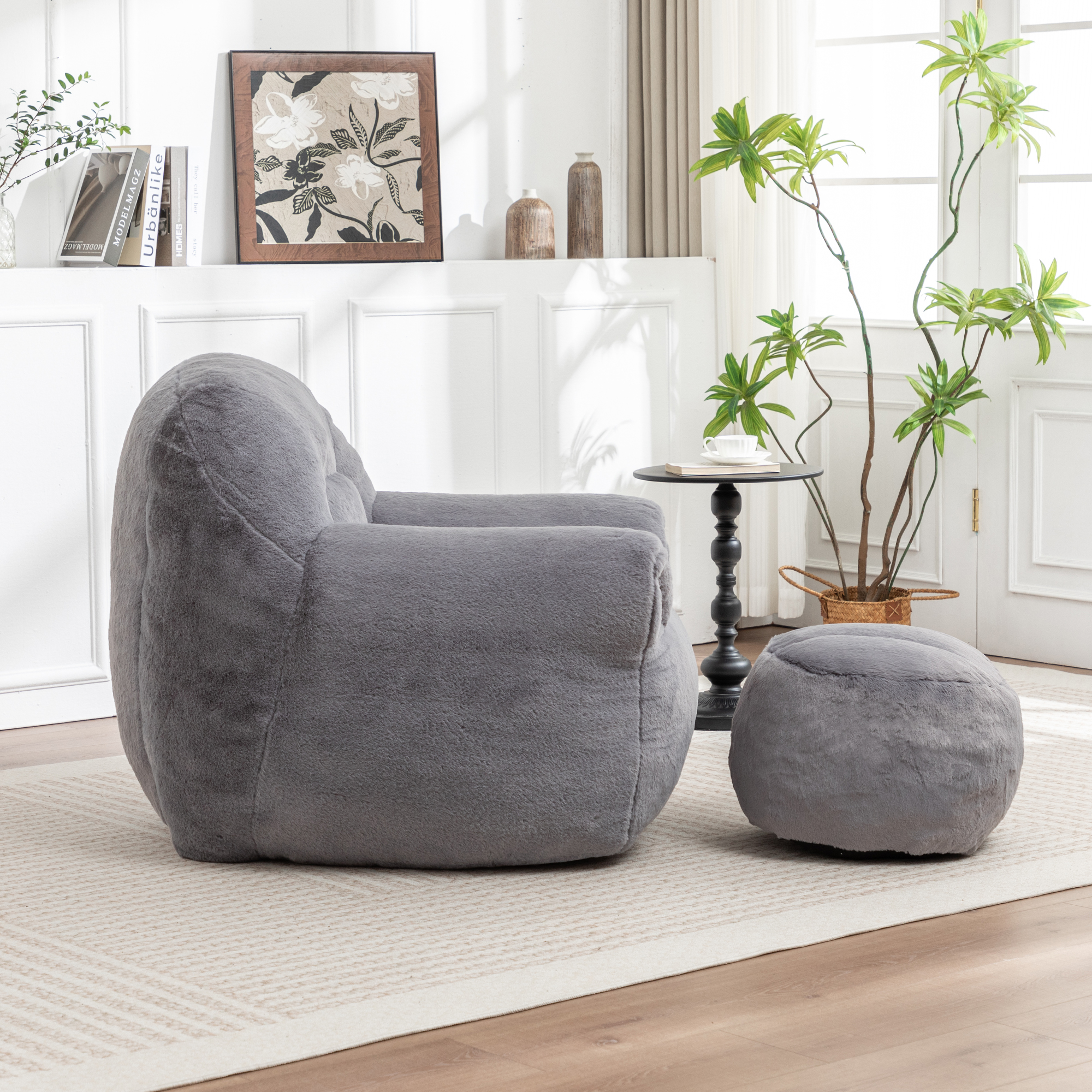Bean Bag Chair, Comfy Bean Bag Sofa with Back Support, With Footstool,Faux Fur Bean Bag Chair for Adults and Kids, Stuffed Floor Sofa for Living Room, Bedroom,Grey