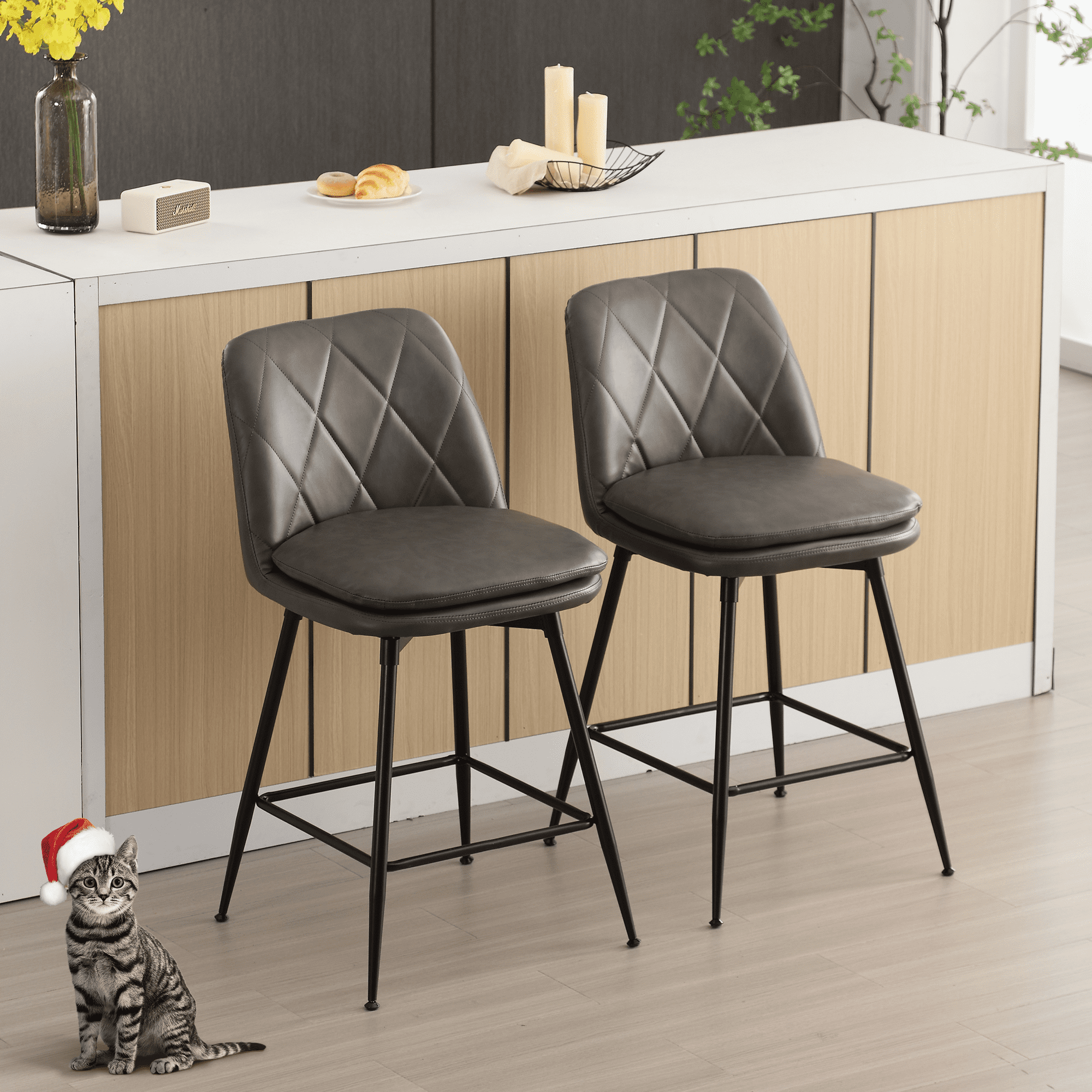 TEWLOSS 24" Counter Height Bar Stools Set of 2 Swivel Barstools Faux Leather Kitchen Chairs, Gray
